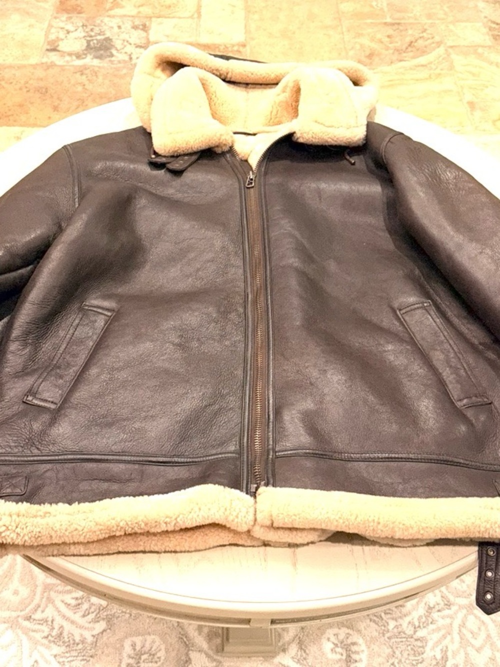 Men's Brown Leather Bomber Jacket with Shearling Hood